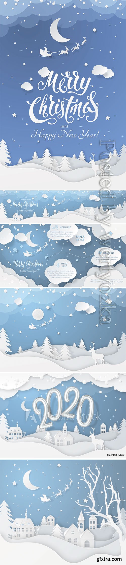 Vector winter night scene with fir trees, houses, moon, deer and realistic 2020 numbers Vector winter night scene with fir trees, houses, moon, deer and realistic 2020 numbers