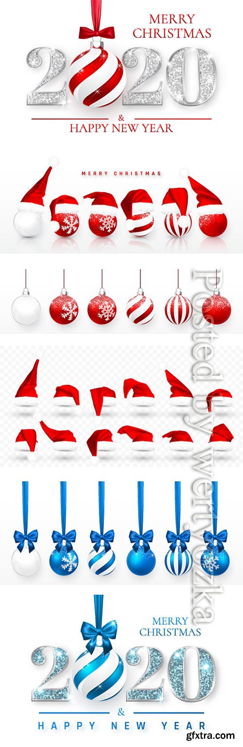 Happy New Year 2020, Christmas ball in red Santa Claus hat