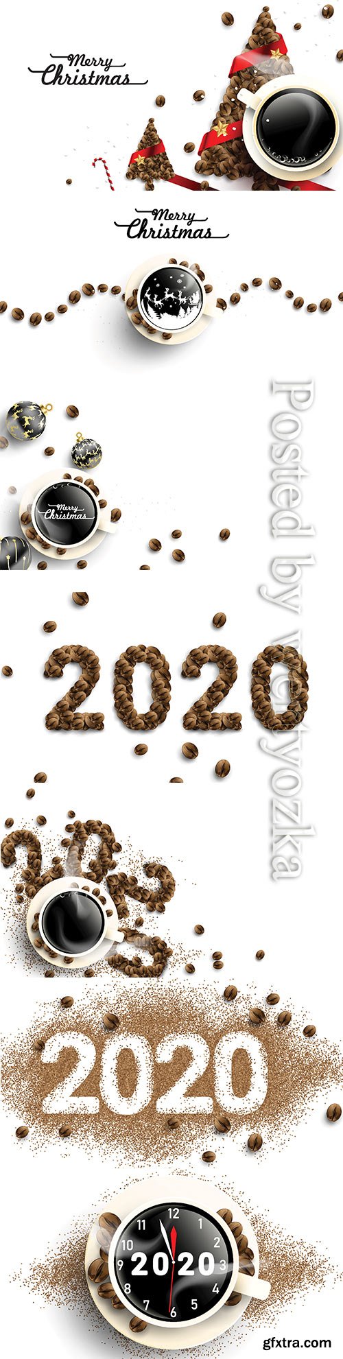 2020 coffee beans text number design, cup of hot coffee with 
