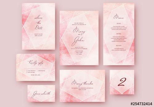 Wedding Stationery Set with a Pink Watercolor Textured Background - 254732414 - 254732414