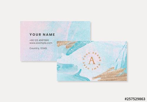 Pastel Business Card Layout with Paint Elements and Gold Accents - 257529863 - 257529863