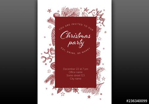 Christmas Party Invitation Layout with Maroon Illustrations - 236340099 - 236340099