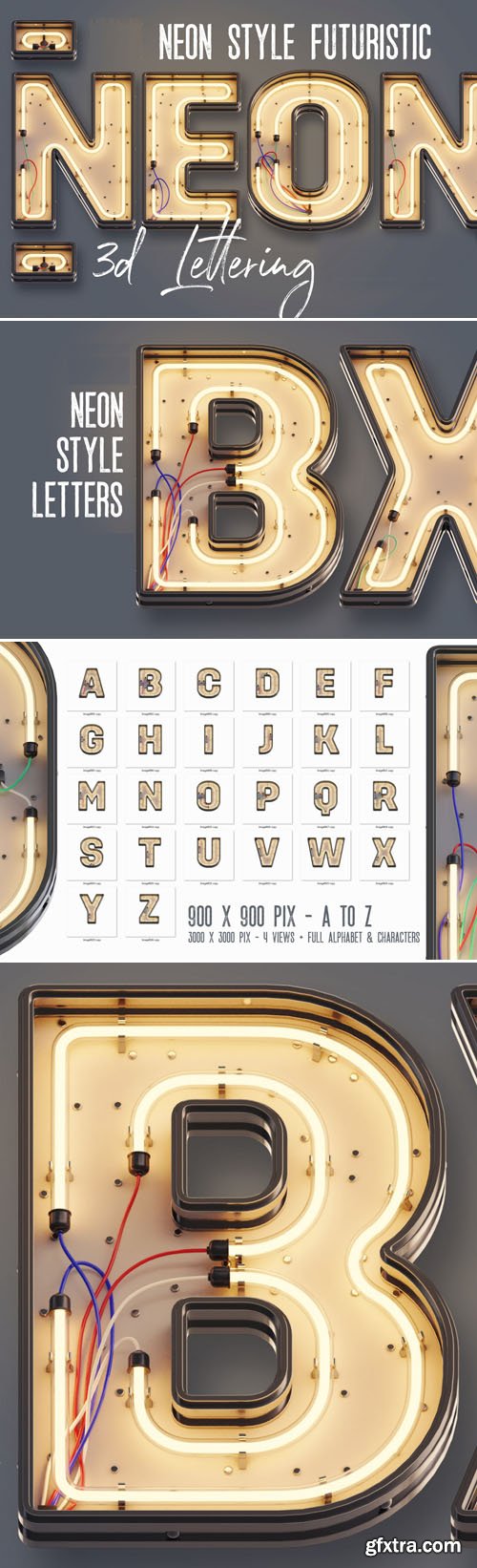 Neon Style Futuristic 3D Lettering A-Z Neon Style Futuristic 3D Lettering A-Z