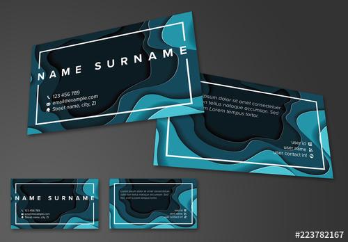 Business Card Layout with Blue Papercut Elements - 223782167 - 223782167