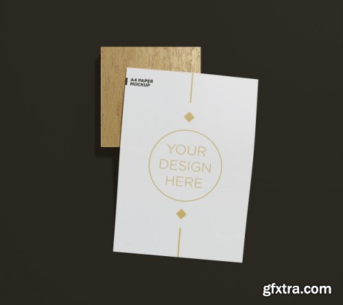 A4 Paper Mockup With Couple Business Card Wood Block