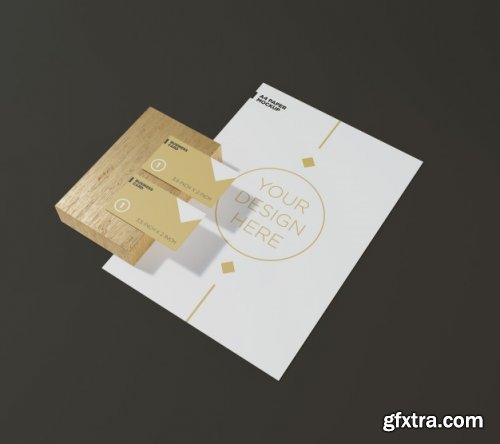 A4 Paper Mockup With Couple Business Card Wood Block