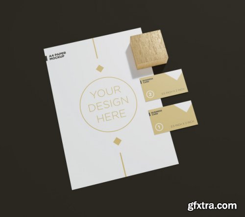 A4 Paper Mockup With Couple Business Card Wood Block