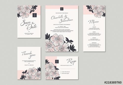 Wedding Invitation Set with Hand-Drawn Floral Elements - 218389760 - 218389760