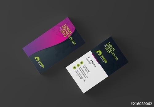 Business Card Layout with Pink to Purple Gradient Wave Element - 216039062 - 216039062