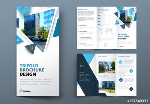 Blue Trifold Brochure Layout with Triangles - 267840331 - 267840331