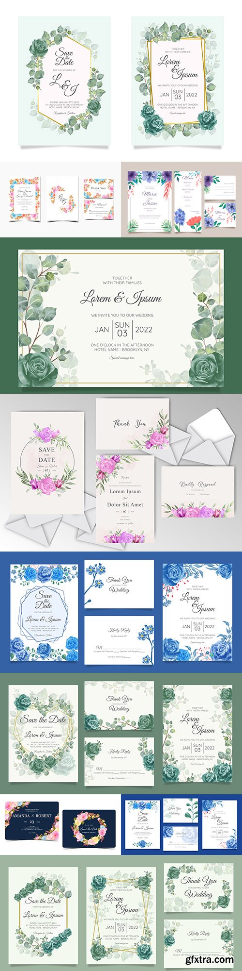 Watercolor wedding invitations with floral elegant template