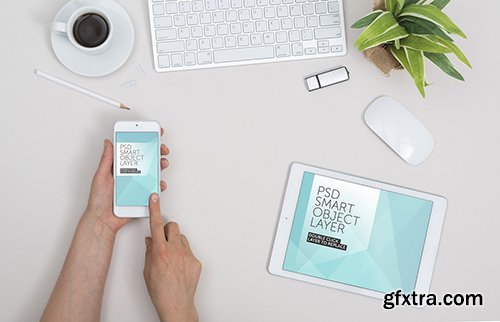 User with Smartphone and Tablet on White Desk Mockup 128898592 User with Smartphone and Tablet on White Desk Mockup 128898592