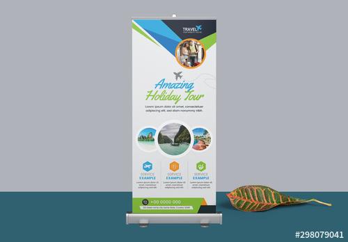 Roll Up Banner Layout with Blue and Green Elements - 298079041 - 298079041