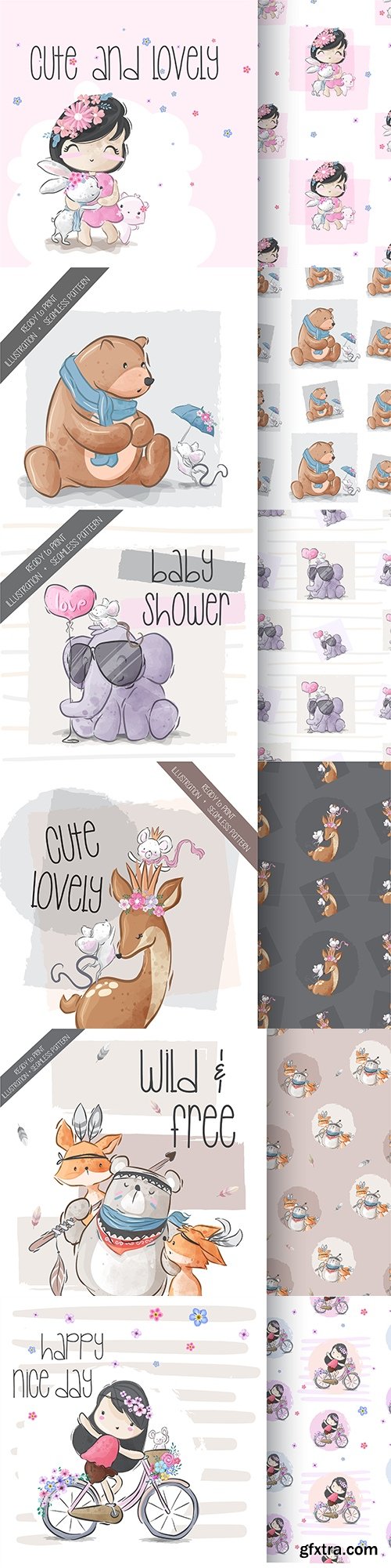 Cute baby and funny animal illustrations seamless pattern