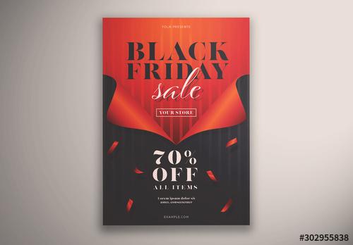 Black Friday Sale Flyer Layout with Red Ribbon Elements - 302955838 - 302955838
