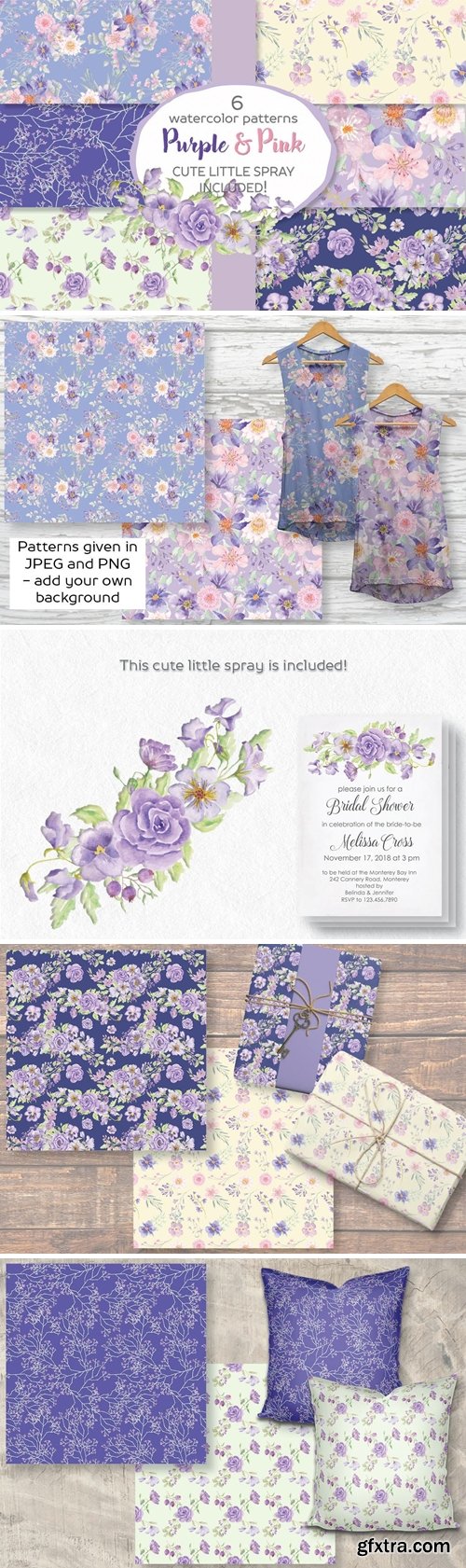 Seamless Patterns in Purple and Pink Flowers
