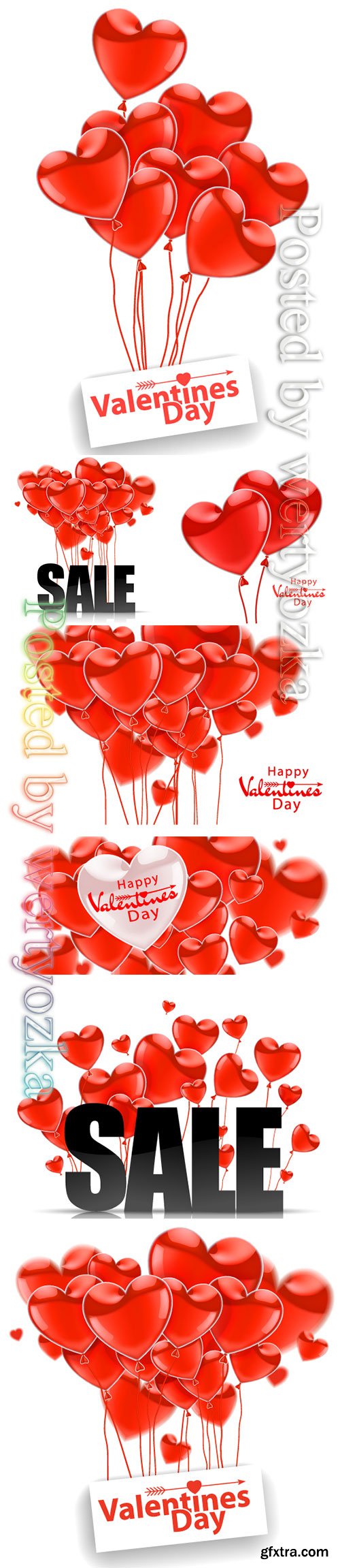 Happy Valentines Day, red flying realistic glossy balloons on a white background