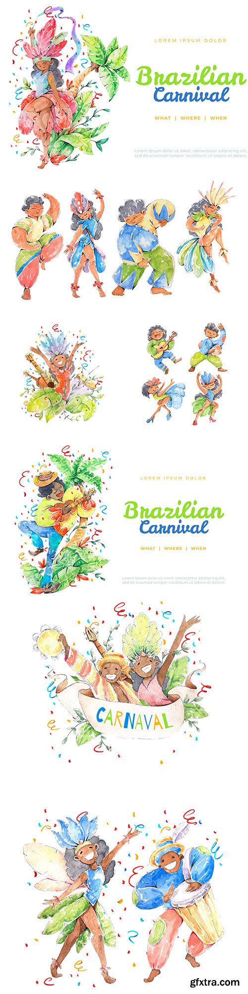 Brazilian carnival dancing watercolor illustrations