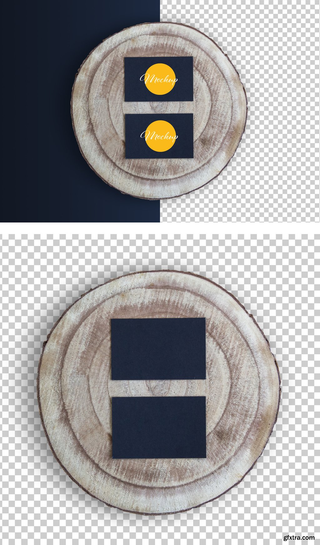 Two Black Horizontal Business Card On Wood Slice Mockup 317591414 GFxtra