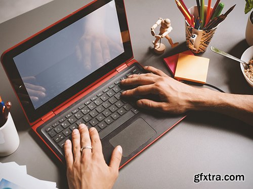 Laptop User Working on Gray Desk Mockup 220157727