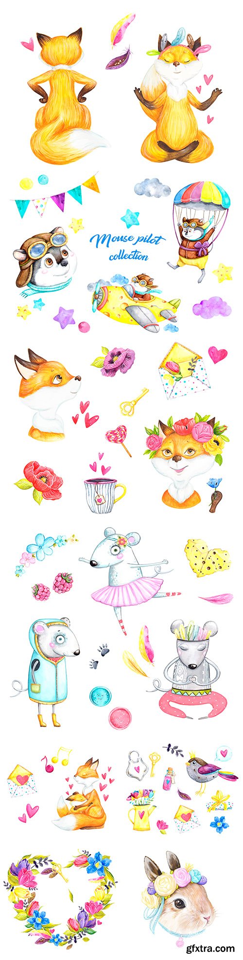 Fox and decorative flowers cartoon watercolor