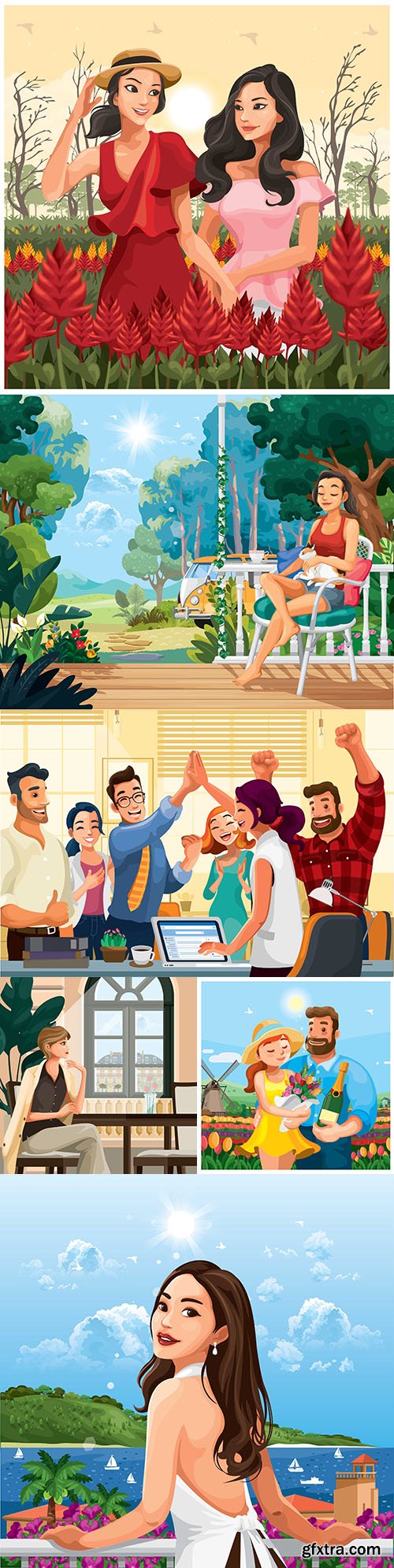 People and environment in different illustration situations