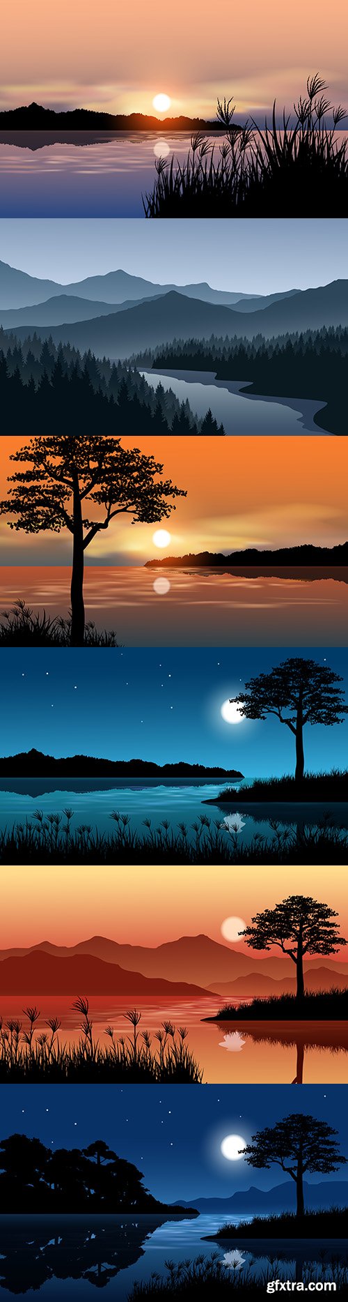Night landscape at river and sunset illustration