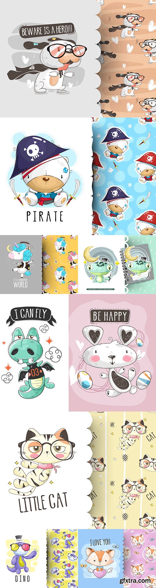 Funny cartoon heroes and decorative pattern