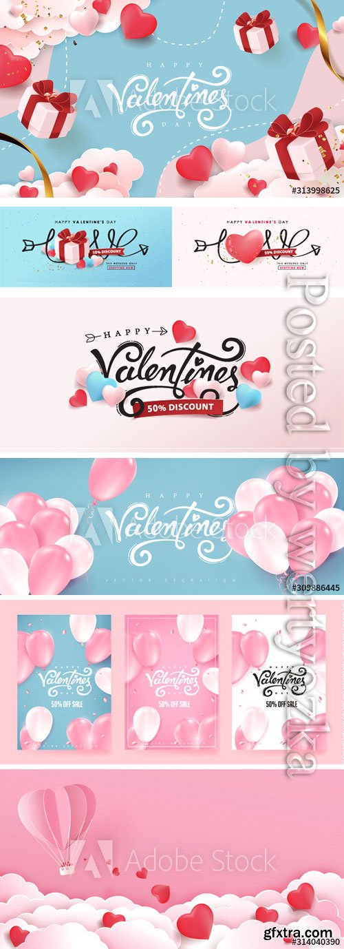 Valentines day background with heart shaped balloons and gift falling