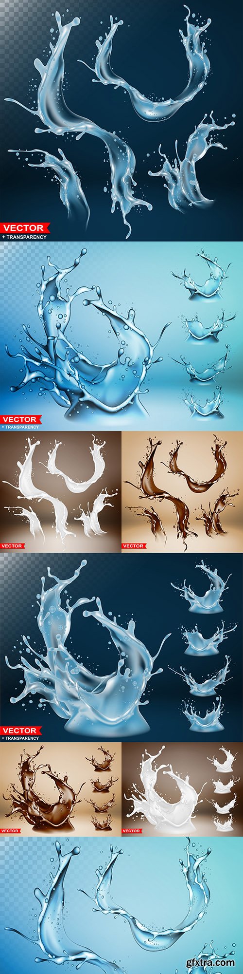 Realistic bursts and splashes water on colored background