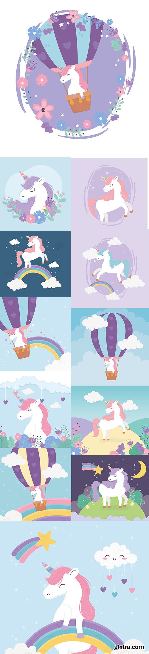 Happy Unicorn with Rainbows Illustrations Vector Set Happy Unicorn with Rainbows Illustrations Vector Set