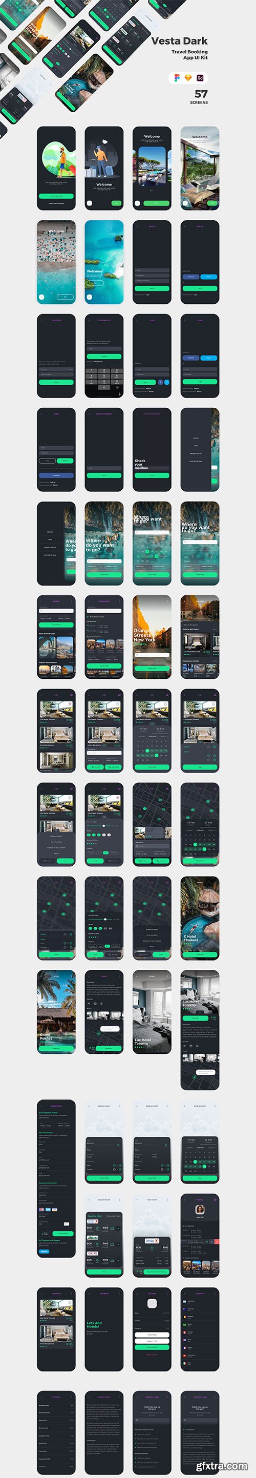 Vesta Dark Travel Booking App UI Kit