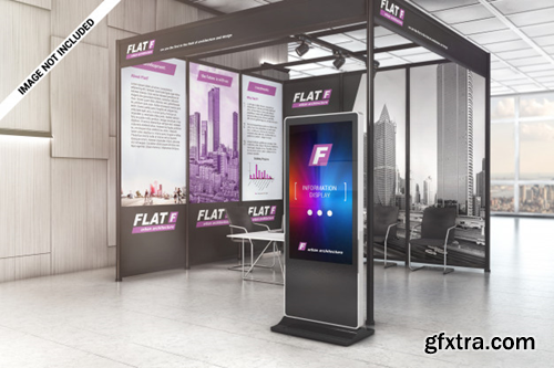 Lcd display and graphic panels in exhibition hall mockup Premium Psd