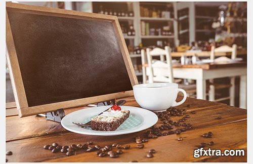 Chalkboard Tablet with Dessert and Coffee Mockup 130756161