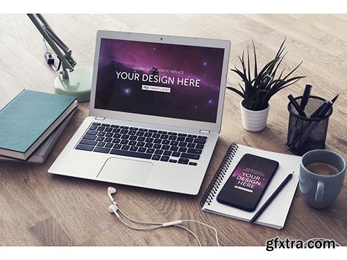Laptop and Smartphone on Wooden Desk Mockup 198226275