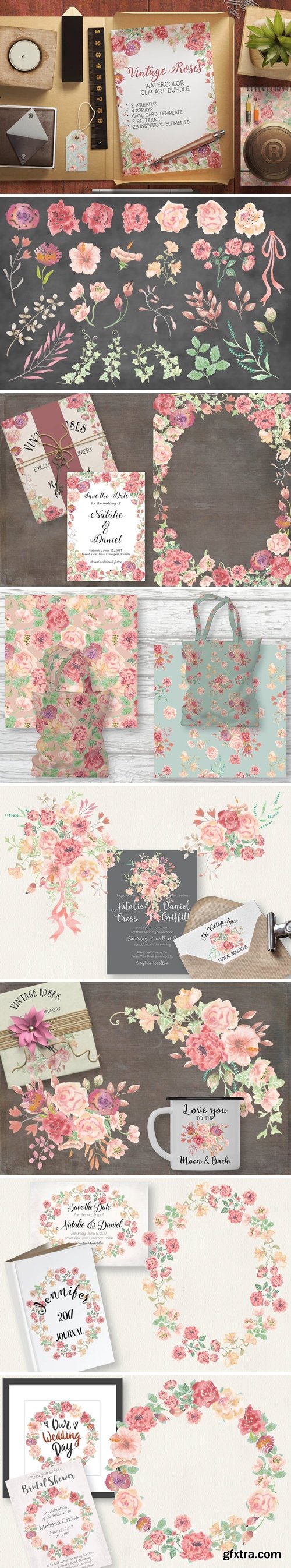 Vintage Roses Watercolor Clip Art Bundle