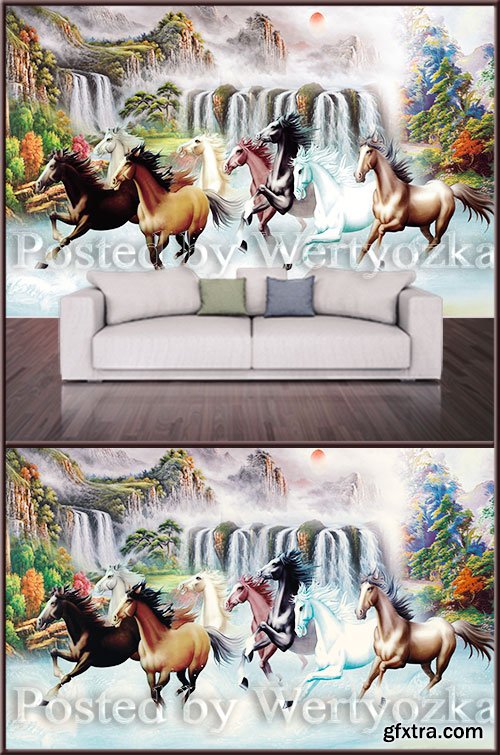 3D background wall horses waterfall
