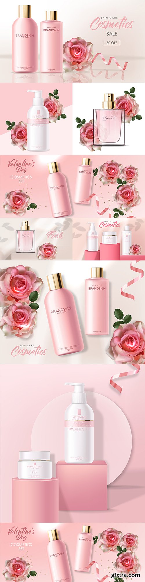 Cosmetics and detergent in pink packaging realistic illustration
