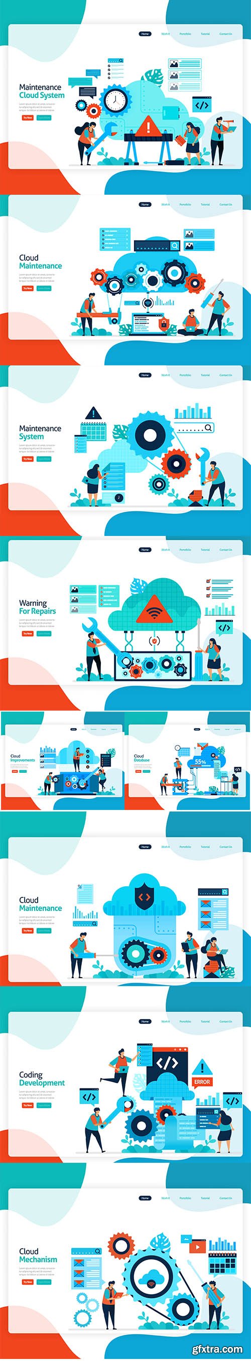 Flat Illustration Maintenance Cloud Storage Technology Template Set