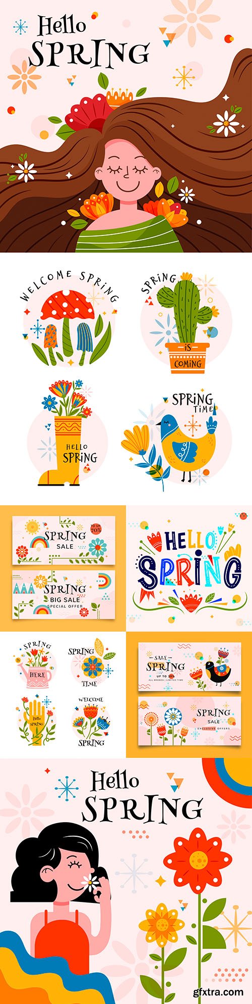 Hello spring colorful flat sales banners and emblems
