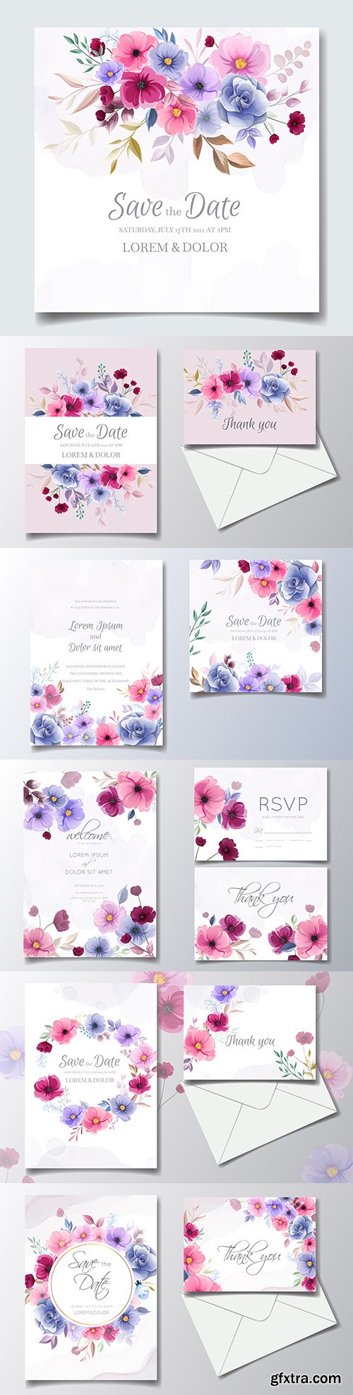 Floral wedding invitations colorful design painted
