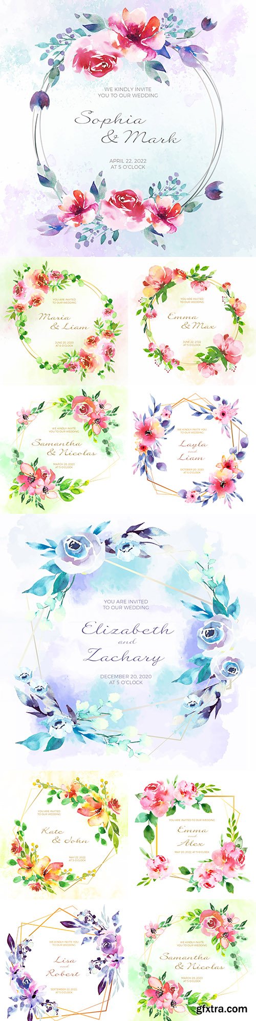 Watercolor floral decorative wedding invitations 
