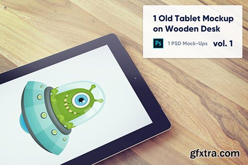 1 Old Tablet Mockup on Wooden Desk Vol.1