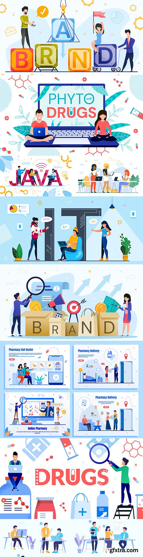 People and internet services flat set illustrations
