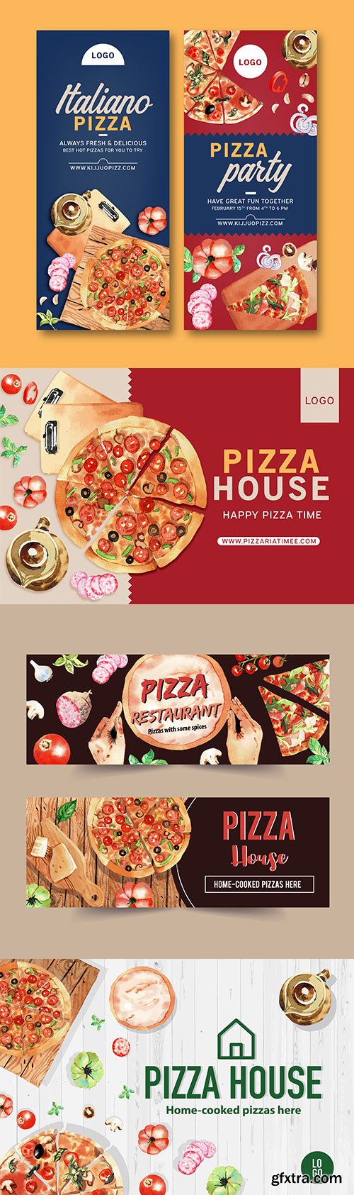 Pizza with cheese and green banner design watercolor illustrations
