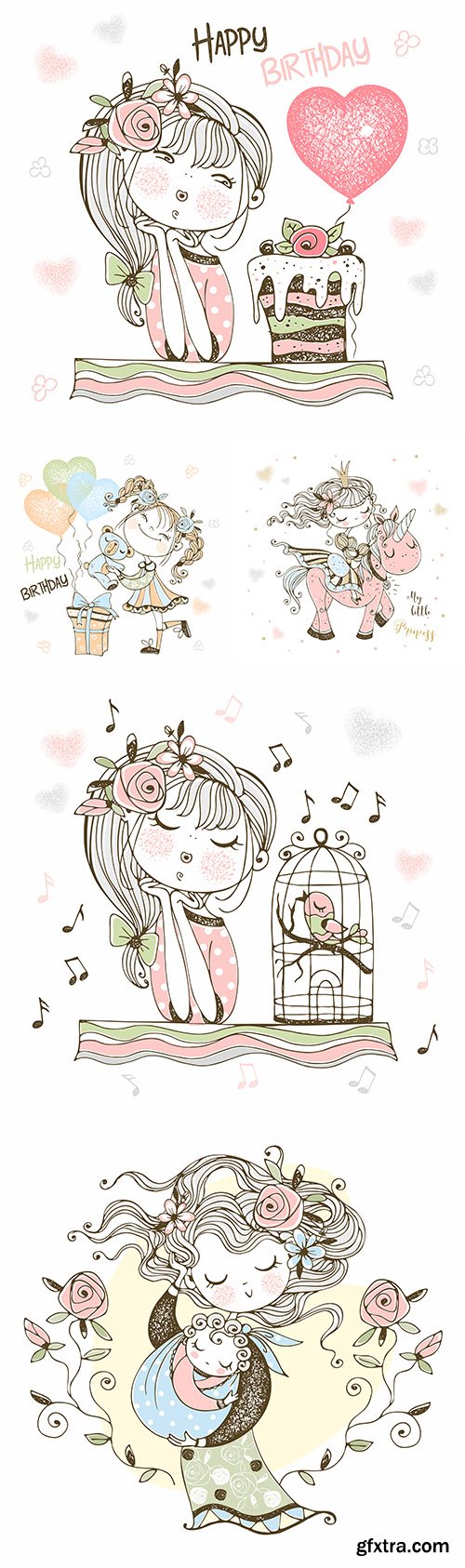 Cute little girl birthday flowers painted illustrations 6
