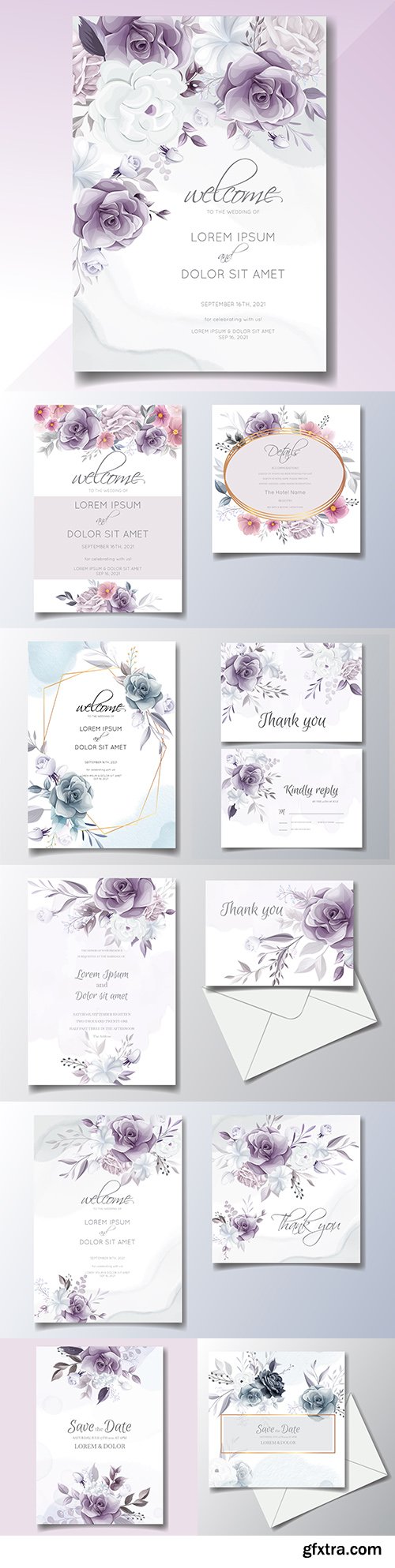 Elegant wedding invitation card with purple flowers
