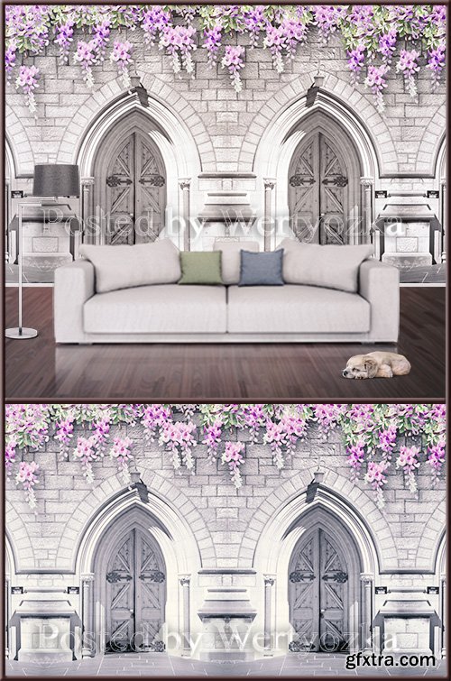 3D psd background wall ancient castle in flowers