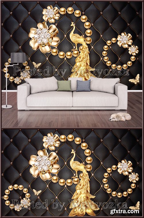 3D psd background wall golden peacock and jewelry