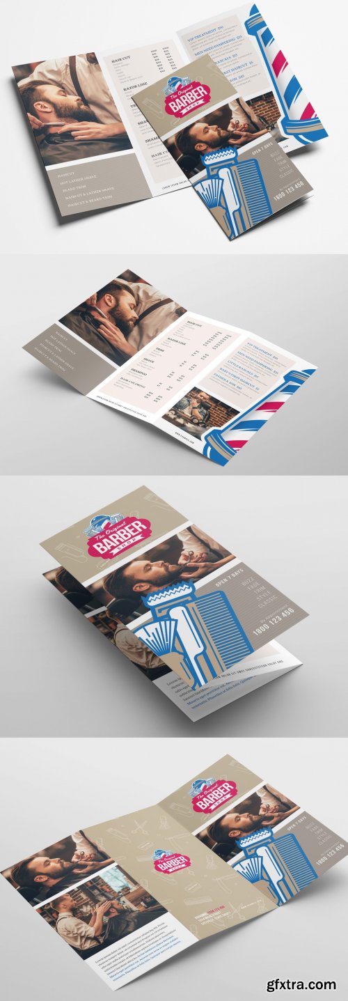 Trifold Brochure Layout with Barber Shop Themed Illustrations 319811791